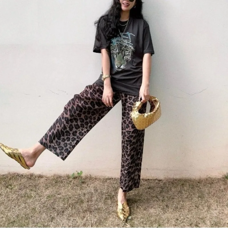 Women's Summer New Retro Minimalist Commute Elastic High-waisted Printed Tie Dye Leopard Ruched Straight Loose Wide Leg Pants