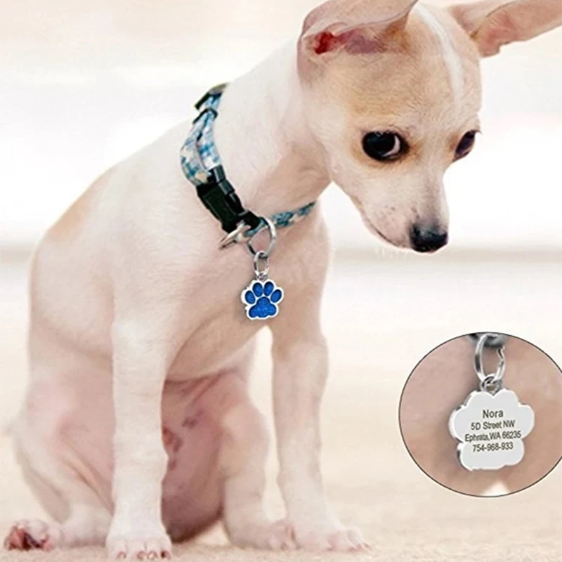 Pet ID Tags Personalized Dog Cat Tags Free Engraved Anti-lost Name Paw Glitter Pendant Nameplate Glitter Keyring Accessories