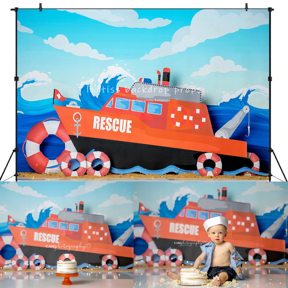 

Coast Guard Rescue Backdrops kids Cake Smash Photography Child Baby Photography Props Birthday Seaside Ship Background