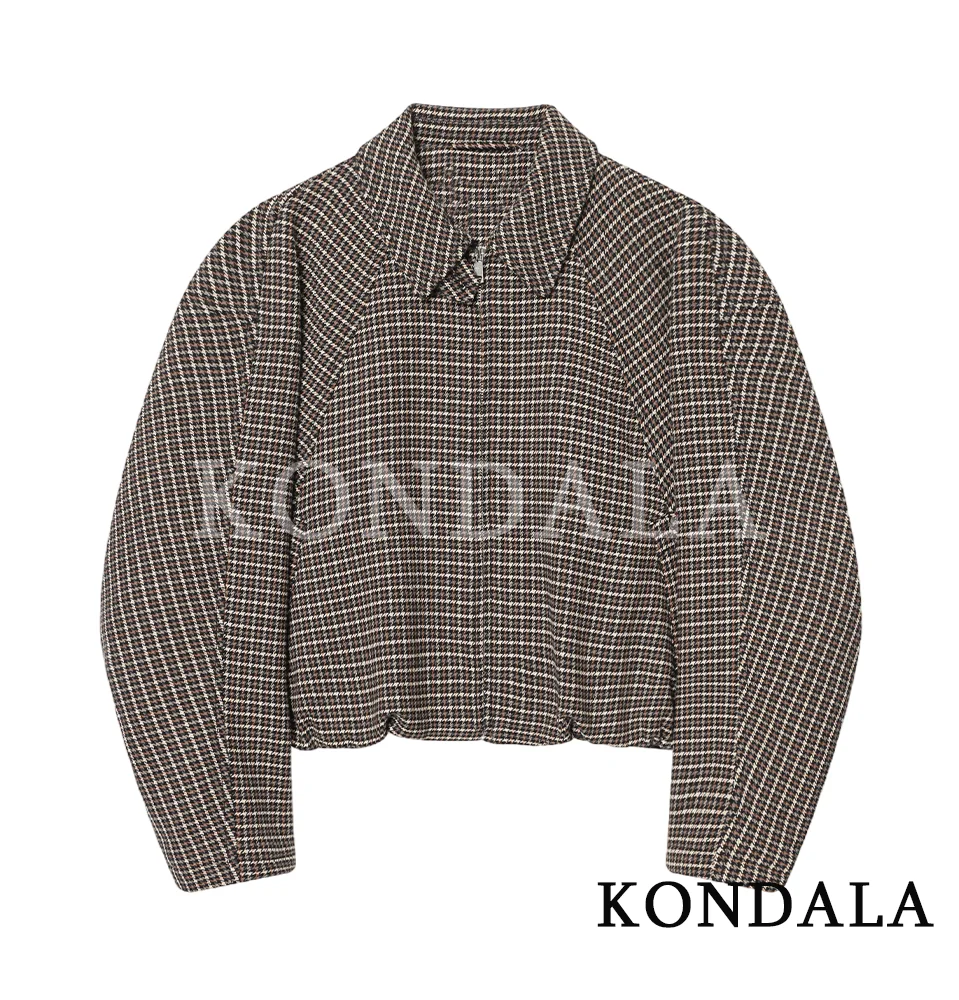 KONDALA Trendy High Street Plaid Jacket Women Fall Vintage Lapel Zipper Jacket 2026 Spring Fashion Casual Commute Female Jacket