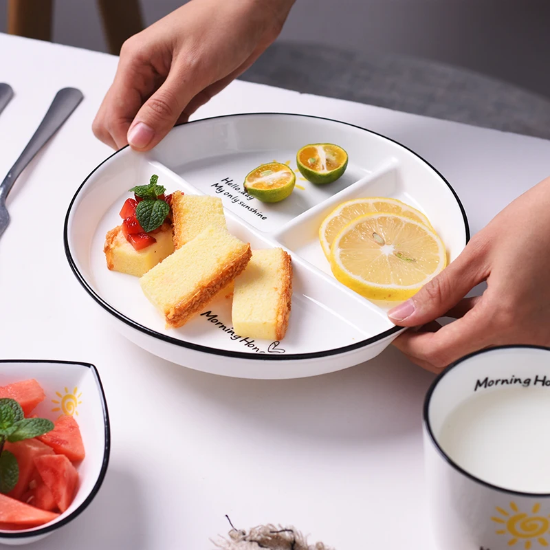 One Person Vegetable Plate Home Ceramic Cartoon Children's Divided Plate Three Panel Breakfast with Separate Dishes