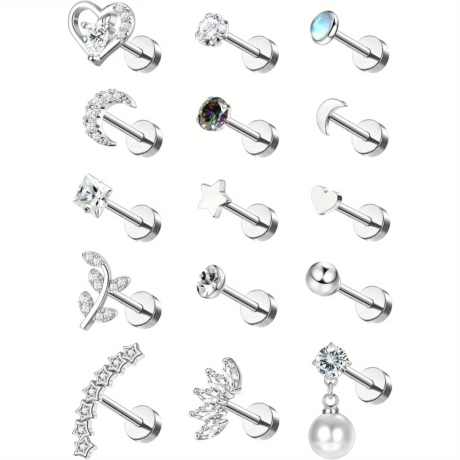 Drperfect Stainless Steel Cartilage Stud Earrings for Women Opal Star Pearl Earring Studs Flower Studs Ear Piercing Jewelry