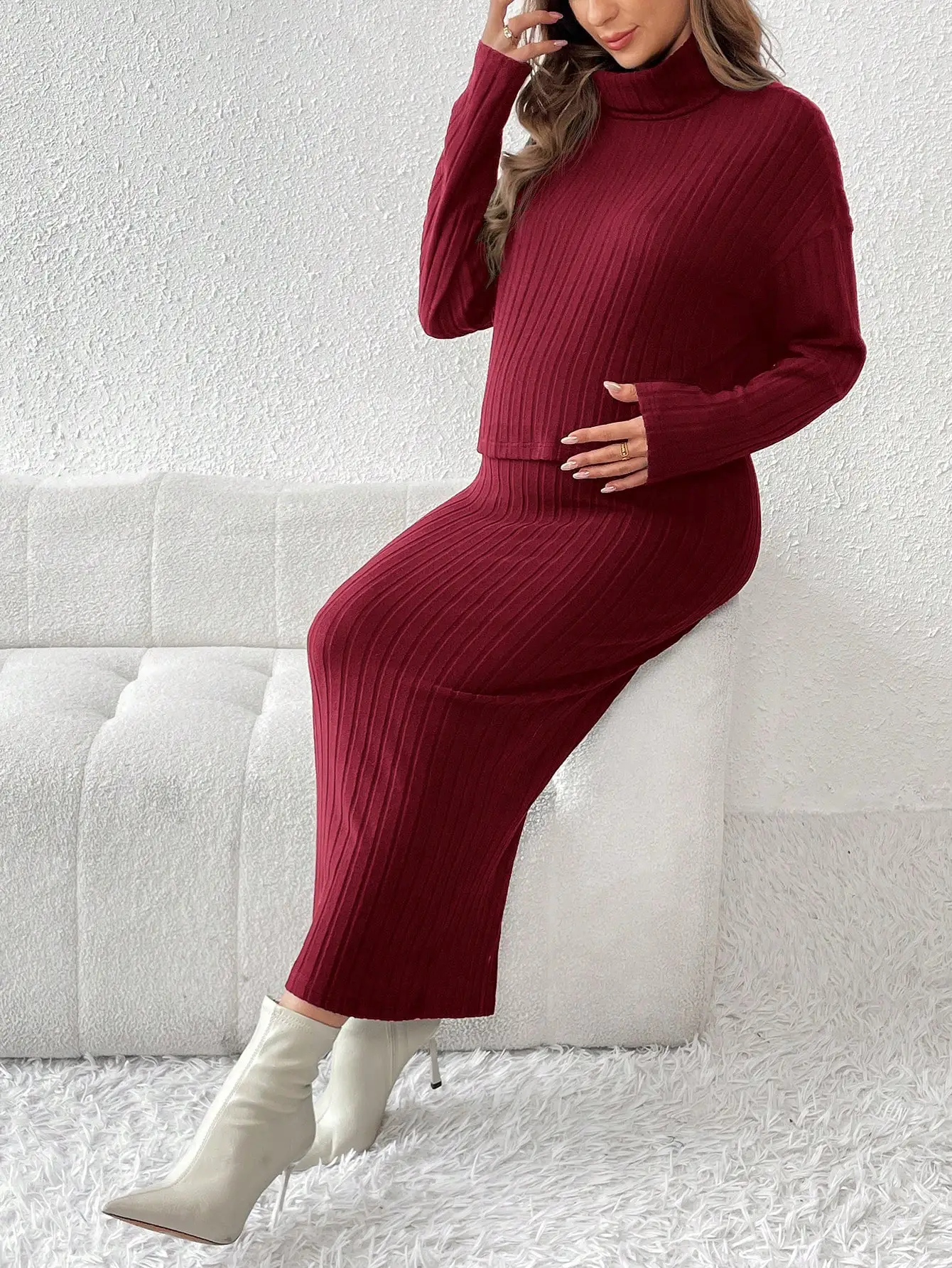 Red autumn and winter knit high elastic high neck hoodie, split skirt elegant casual maternity two-piece set
