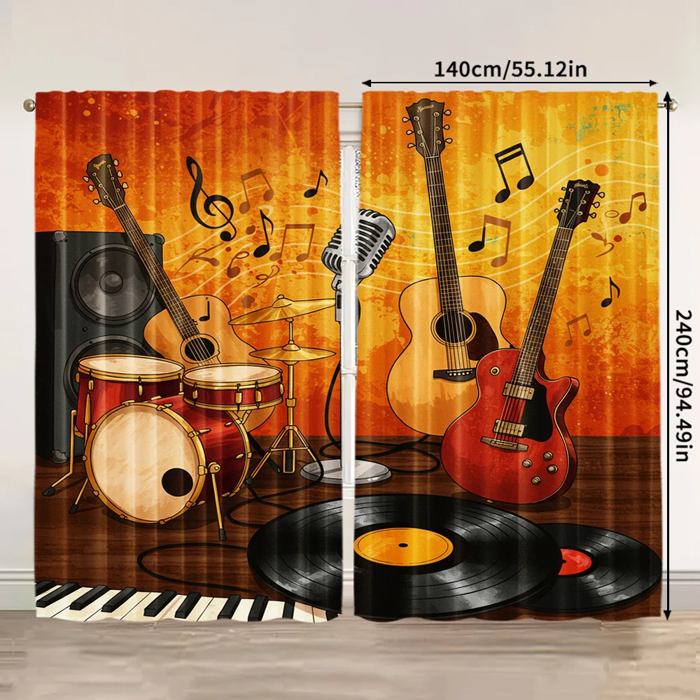 2pcs, spring summer Curtains Music theme, guitar, mic, record Light Filtering Sheer Curtains Versatile Polyester Fabric Room 3