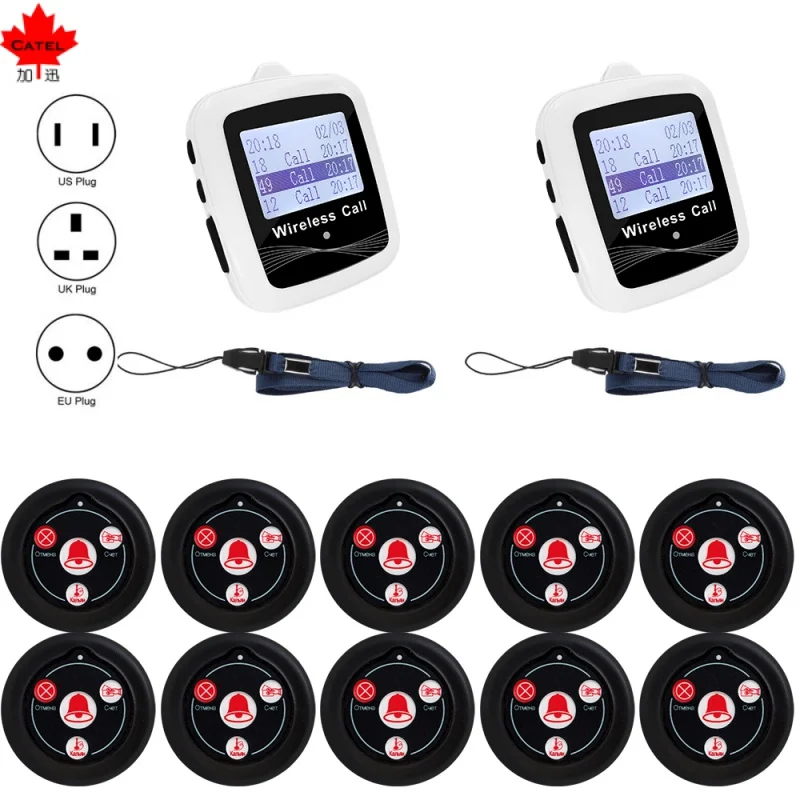 

Беспроводной пейджер с 2 часами-приемниками и 10 кнопками вызова, передатчик с несколькими языками для системы вызова ресторана, отеля, зуммер