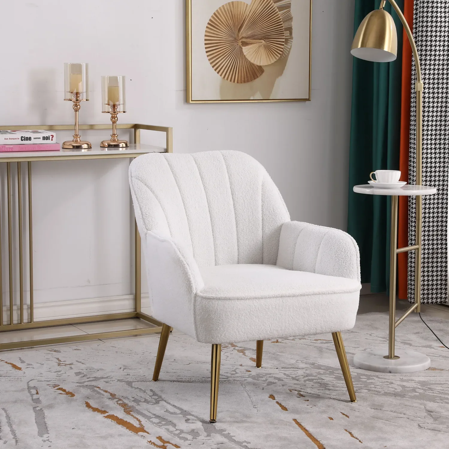 

Soft Modern White Ergonomics Accent Chair with Teddy Fabric Upholstery and Gold Legs - Adjustable Legs for Bedroom or Living Roo