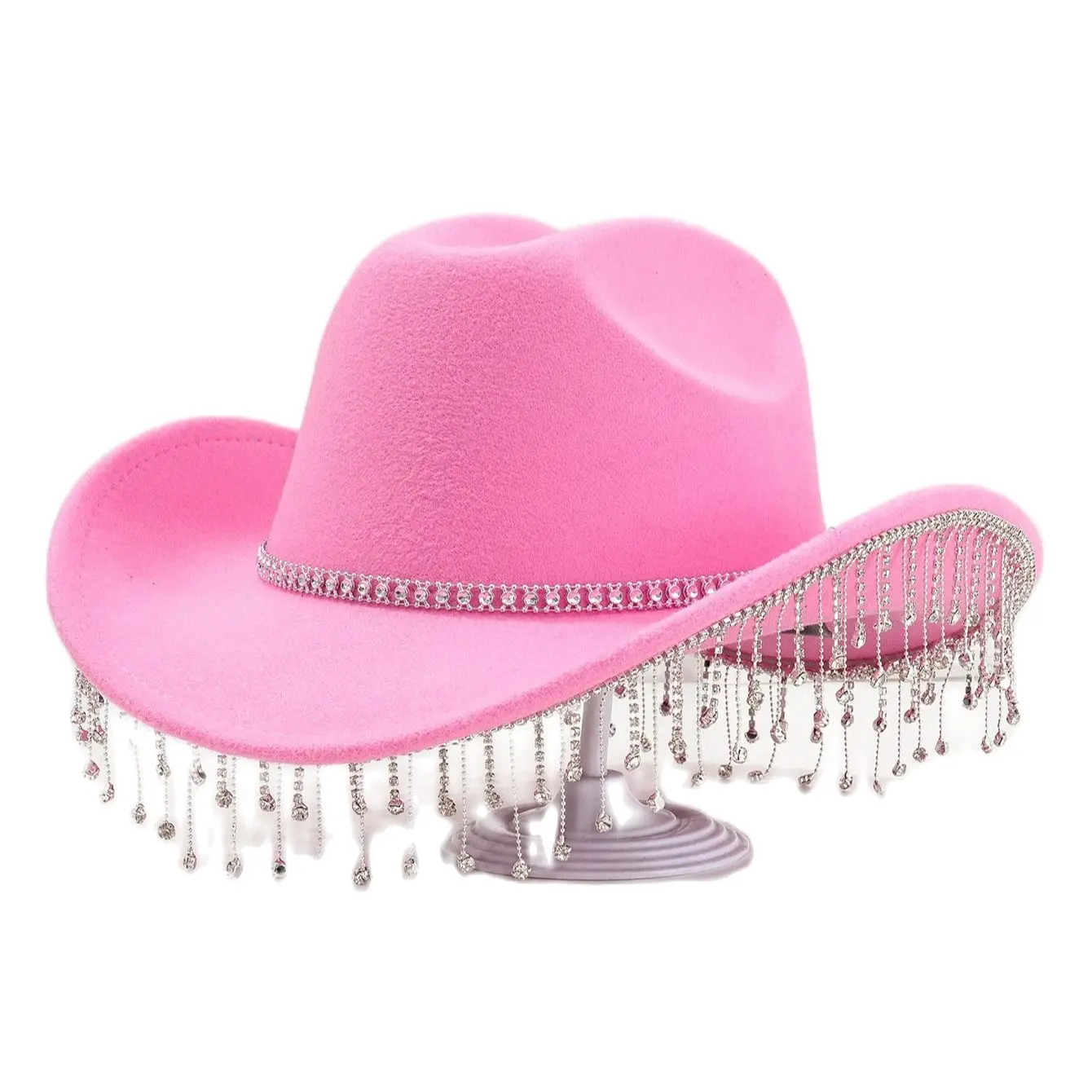 Western Cowboy Party Bridal Felt Water Diamond Chain Tassel Pendant Ball Top Hat Water Drop Gem Unique Sunshade Hat