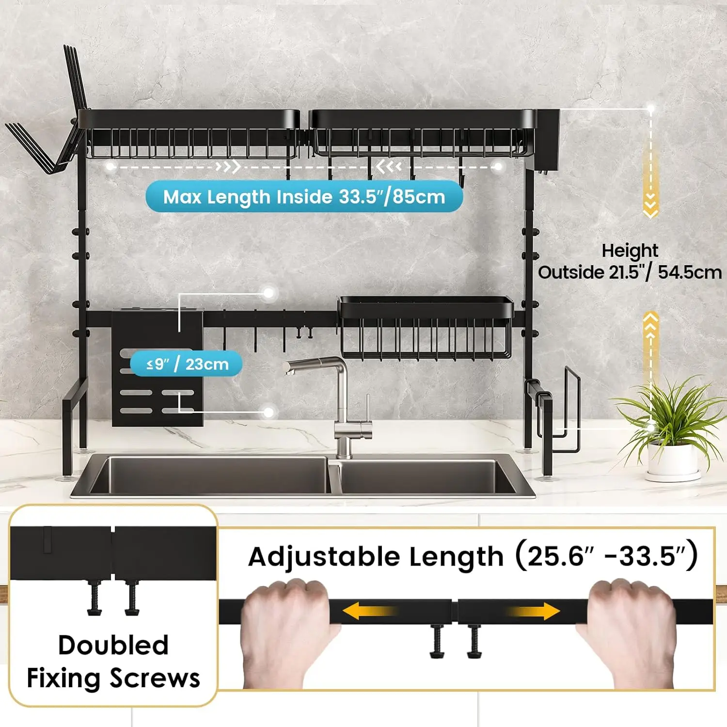 Over The Sink Dish Drying Rack Adjustable Length (25-33in), 2 Tier Dish Rack Over Sink with Multiple Baskets Utensil 3