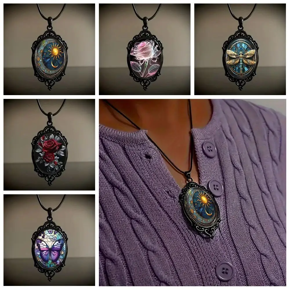 Gothic Glass Necklace Sun Moon Style Flower Pattern