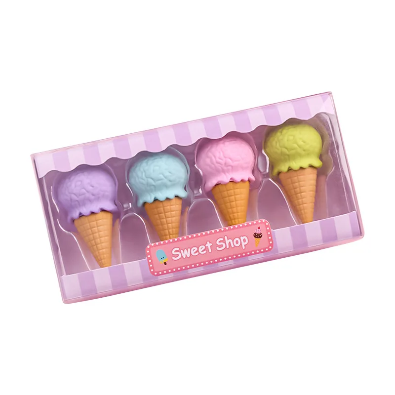 4pcs Yummy Dessert Erasers Set Mini Lollipop Icecream Popsicle Donuts Rubber Pencil Eraser for Kids School Student Award Eraser