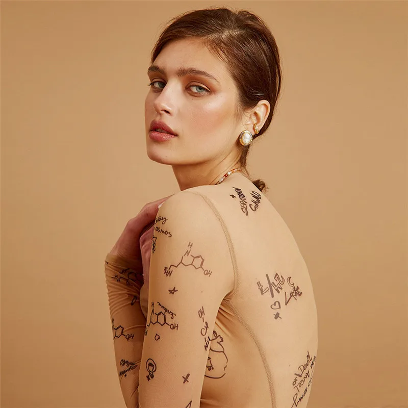 Sexy tight fitting jumpsuit, women's long sleeved jumpsuit, summer wild slim fit O-neck basic party dress, printed jumpsuit