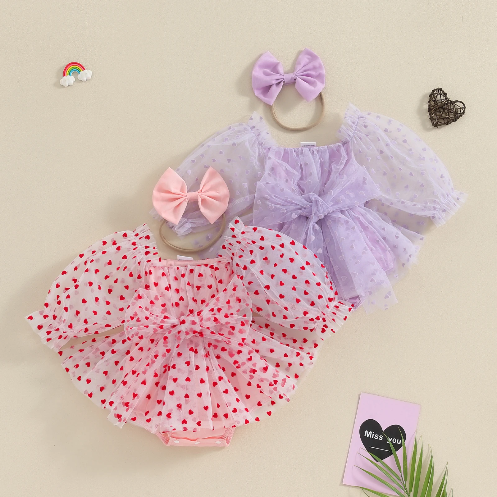 

Infant Girls Valentine Day Romper Dress Heart Print Long Puff Sleeve Mesh Tulle Jumpsuit Bow Headband Cute Girls Mesh Bodysuits
