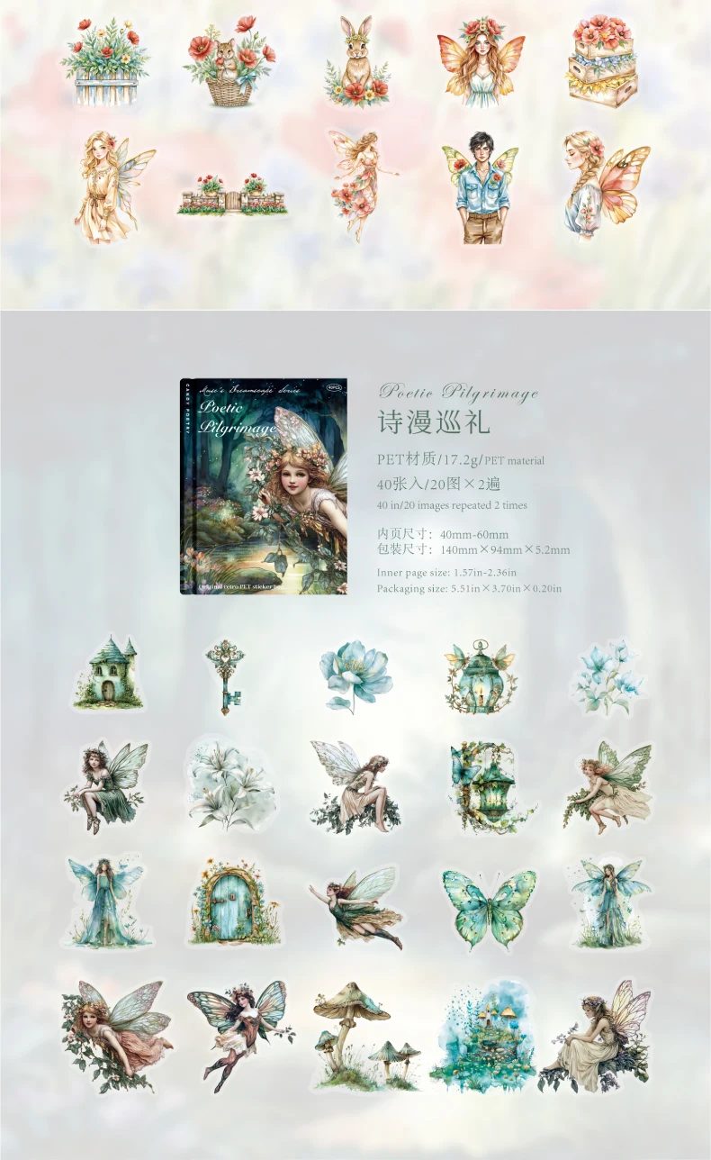 JIANQI 40 Stück Fairy Girl Series PET-Material Dekorative Aufkleber Tagebuch Album Scrapbooking-Material Junk Journal Supplies – Detail 7