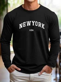 T-shirt da uomo a maniche lunghe con collo rotondo stampato 100% puro cotone, comoda, sportiva, casual, ampia, taglie forti, New York USA 1