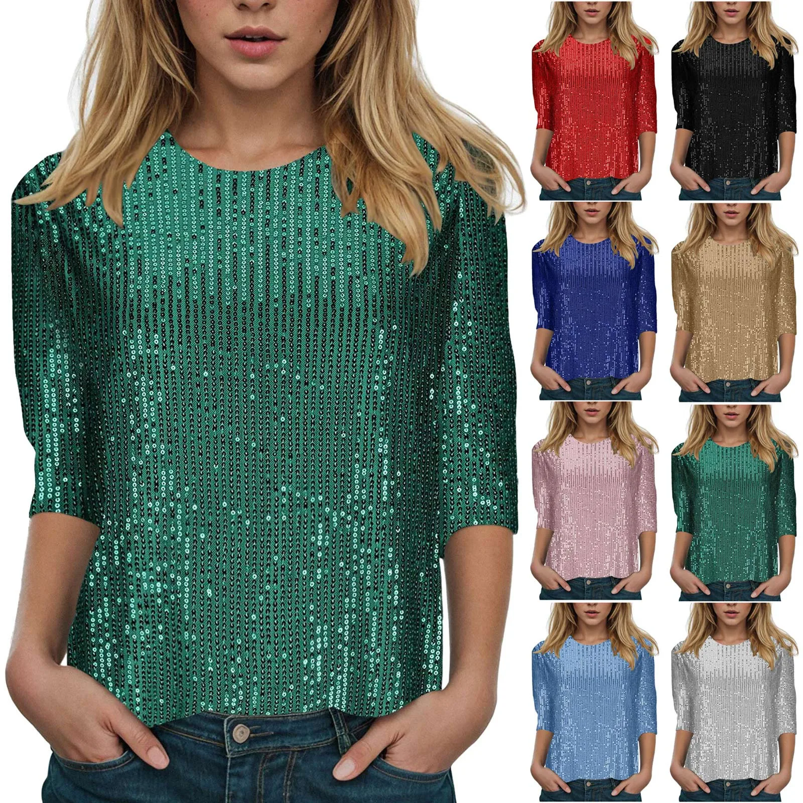 Woman wearing glitter sequin quarter sleeve T-shirt with round neck in a festive clubwear setting 01