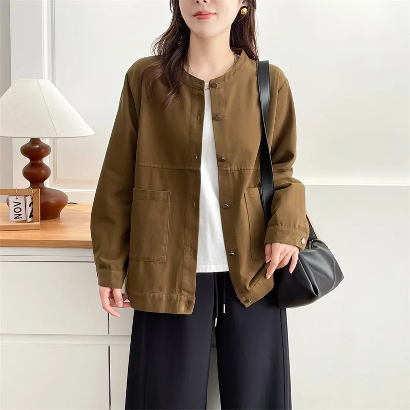 XXXXL Fashion Plus Size Women's Jacket 2025 Autumn New Simple Casual Cardigan O-Neck Long Sleeve Twill Coat 8853