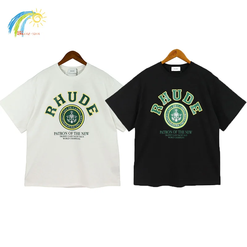 

Classic RHUDE T-shirt Men Woman Green Letter Black White Spring Summer Short Sleeve Loose Casual Couple Fashion Cotton Top Tees