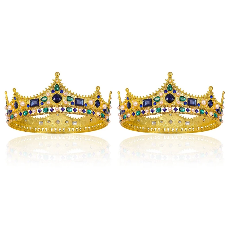 

2X Gold King Crowns For Men - Baroque Vintage Rhinestone Crystal Crown, Men's Full Kings Crown For Theater Prom Party