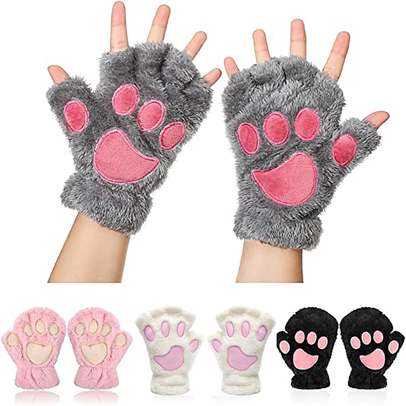 

Cute Velvet Half Finger Cartoon Cat Claw Gloves Girls Plush Gloves Fashion Cosplay Autumn Winter Warm Glove Kawaii Festival Gift