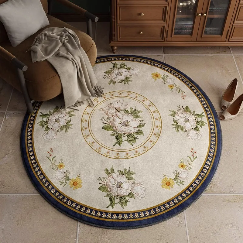 Round American Retro Living Room Carpet Large Area Floral Print Bedroom Plush Rug Luxury Sofa Coffee Table Soft Floor Mats Tapis