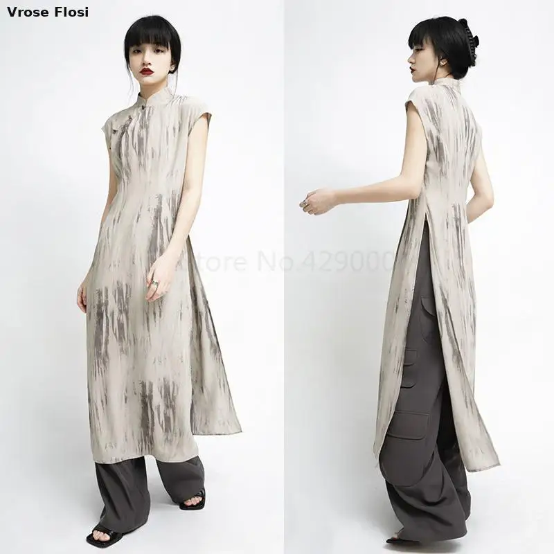 

2024 New Chinese Style Qipao Long Sleeveless Improved Cheongsam Women Traditional Chinese Dress Elegant Mandarin Collar Vestidos