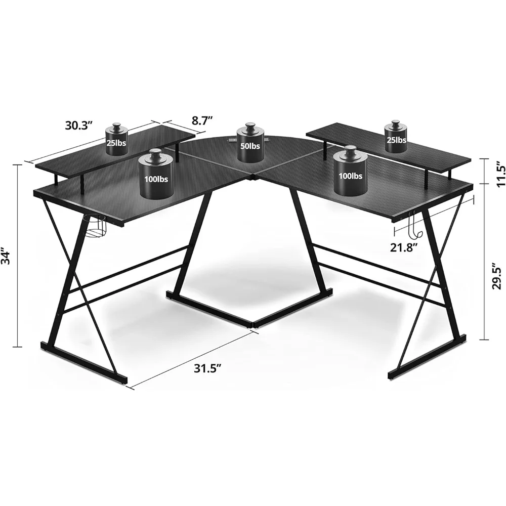 

L Shaped 53" Ergonomic Gaming Table with Monitor Stands, PC Desk with LED Strips and Power Outlets, Carbon Fiber Surface