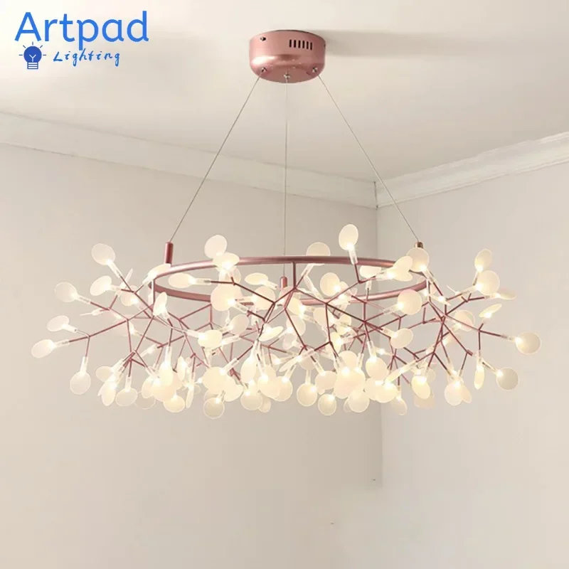 

Artpad Nordic Hanging Living Room Chandelier Large Modern Kitchen Firefly Lamp Rose Gold Black Branch Round Chandelier Lighting