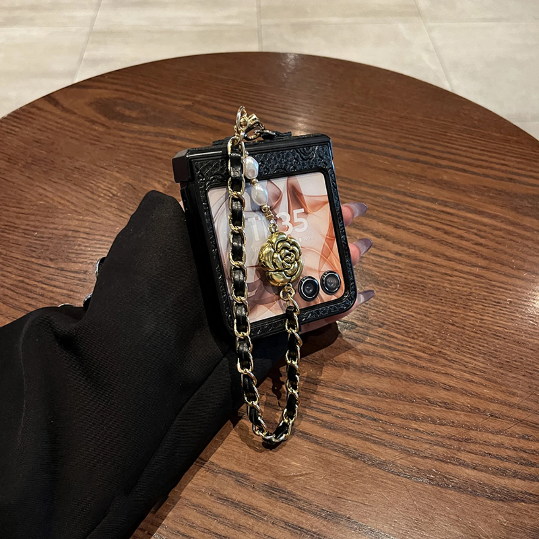 Korean Luxury Black Rose Case with Pearl Flower Accents and Leather Chain