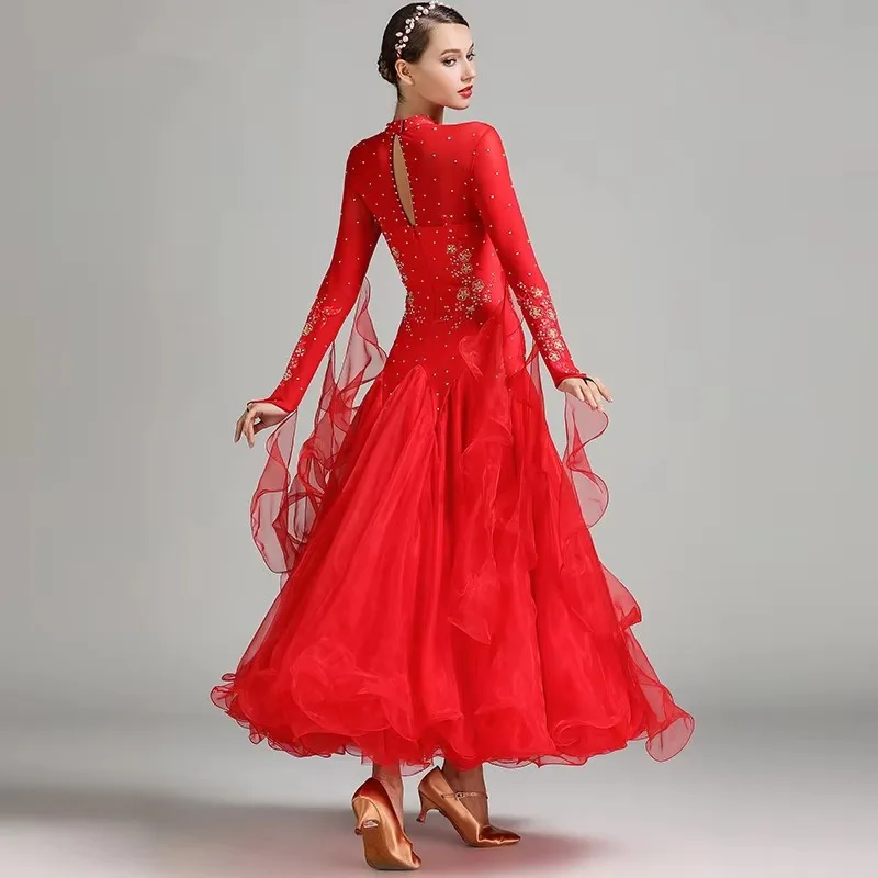 Red blue ballroom dance competition dresses waltz dance dress fringe luminous costumes standard ballroom dress foxtrot 9 color
