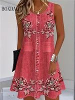 Women Summer Sleeveless Bohemian Dress Fashion Imitate Cowboy Vest Flowers Print Dress Casual Tank Beach Dresses For Women