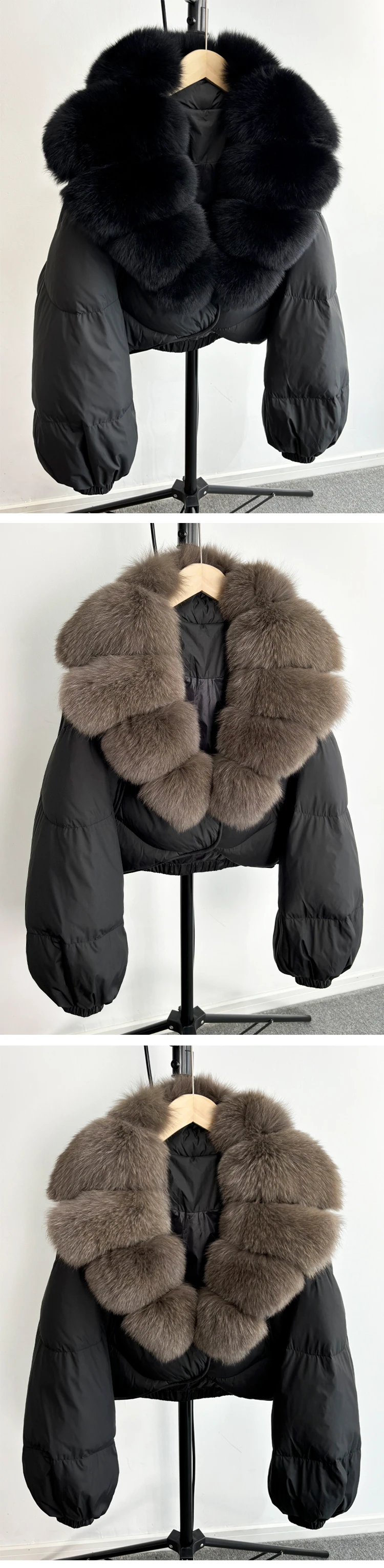2025 New Winter Real Fox Fur Short Puffer Jackets Women Natural Thick Warm 90% White Duck Down Cropped Loose Waterproof Coat