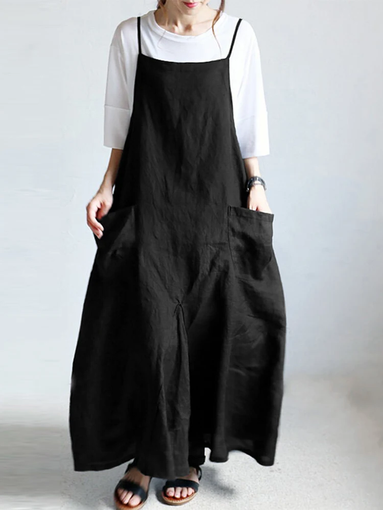 

Vintage Overalls Dress Women Summer Sundress 2023 ZANZEA Casual Solid Midi Vestidos Female Spaghetti Strap Robe Femme Oversized