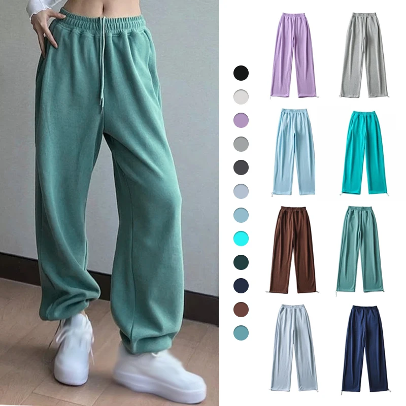 Women Drawstring Sweatpants Straight Trousers Elastic Waist Wide Leg Pants Female Retro 90s Streetwear Casual Basic Trousers luckymarche heritage basic sweatpants qupnx22531gym