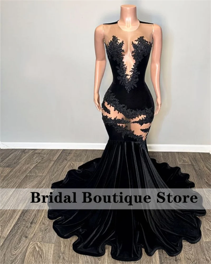Sexy Lace Appliques Mermaid Black Girl Birthday Party Dress Illusion Evening Dress, DP2366