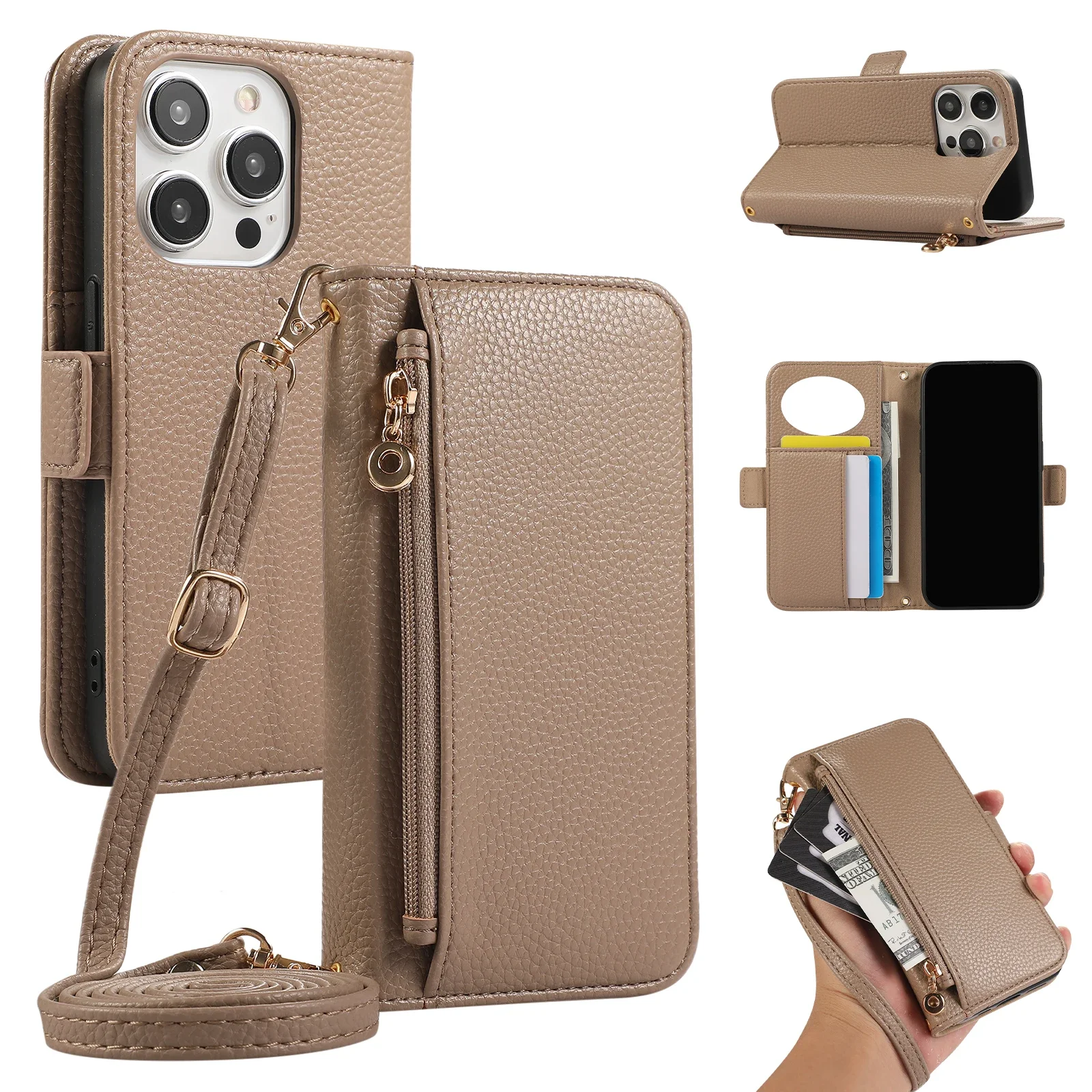Sleek Leather Crossbody Wallet with Card Holder and Phone Case