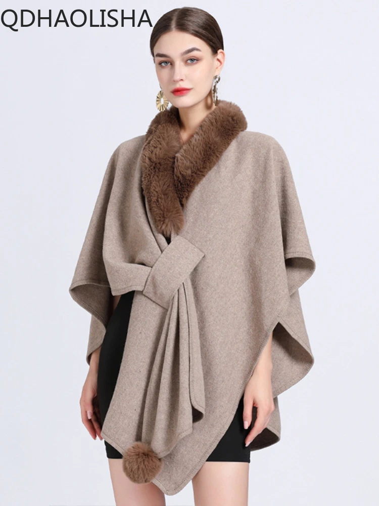 

Women Fur Ponchos Coat Knit Cardigan Elegant Casual Fur Collar Shawl Cloak Woolen Coat Oversize Sleeveless Korean Fashion Capes
