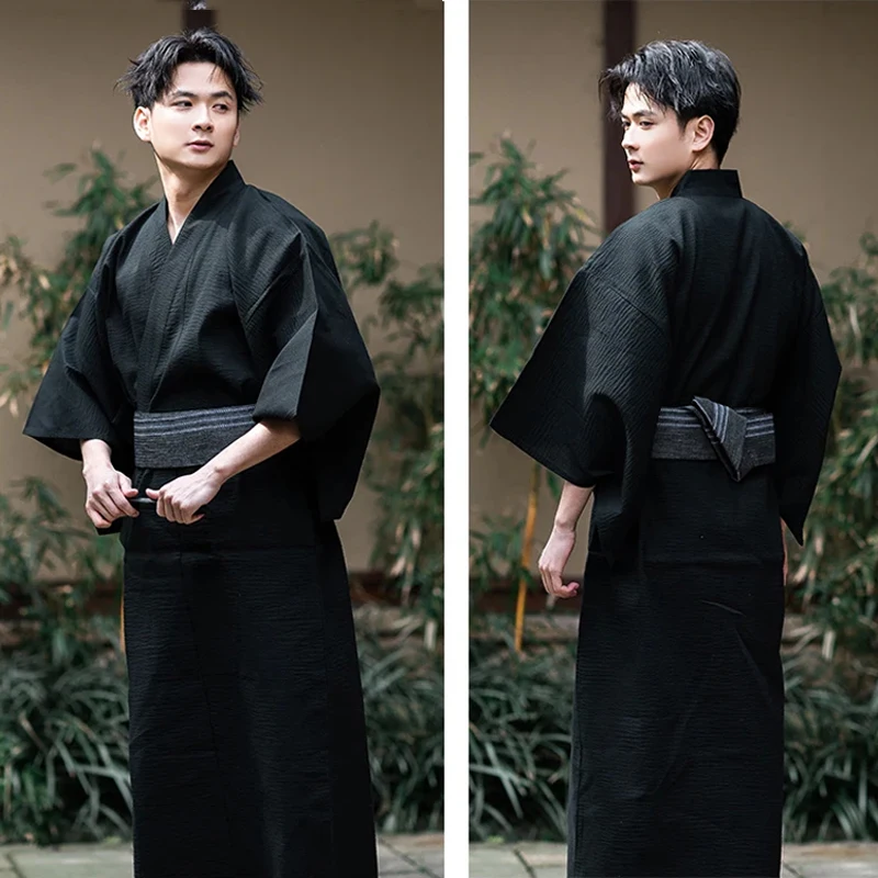 Japanese Traditional Samurai Kimono Men Yukata Bathing Robe Hekoobi Loose Style Sauna Wear Homewear Belt Long Gown Cotton