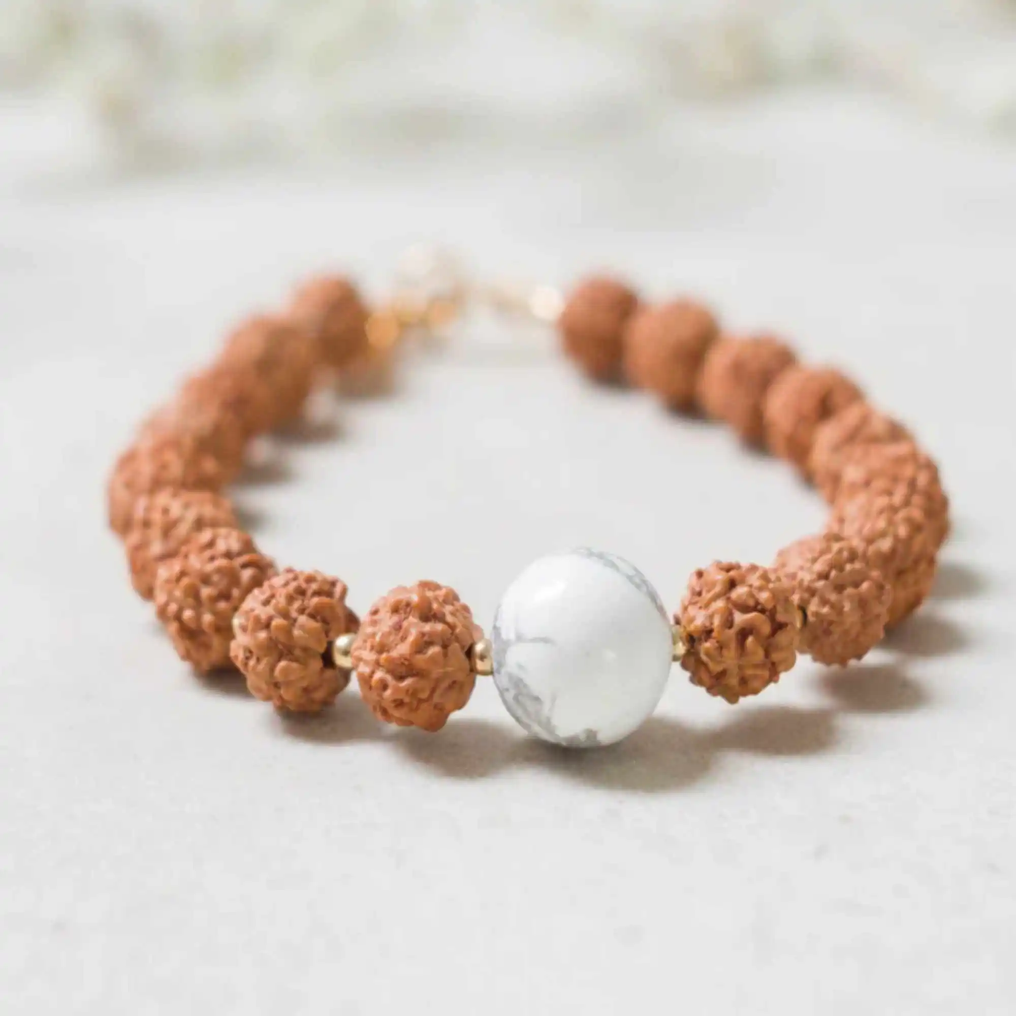 

8mm Natural brown Rudraksha white Howlite 14K gold fill bracelet Chic National Style All Saints' Day Cuff Fancy Elegant spread