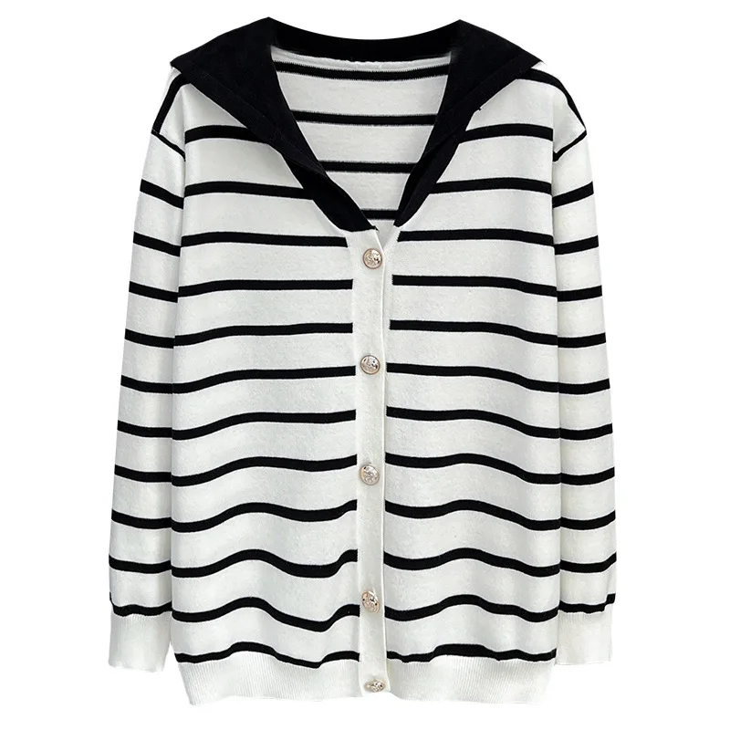 Autumn Winter Fashion Sailor Collar Striped Knit Sweaters Plus Size Women's Casual Cardigan Jumpers