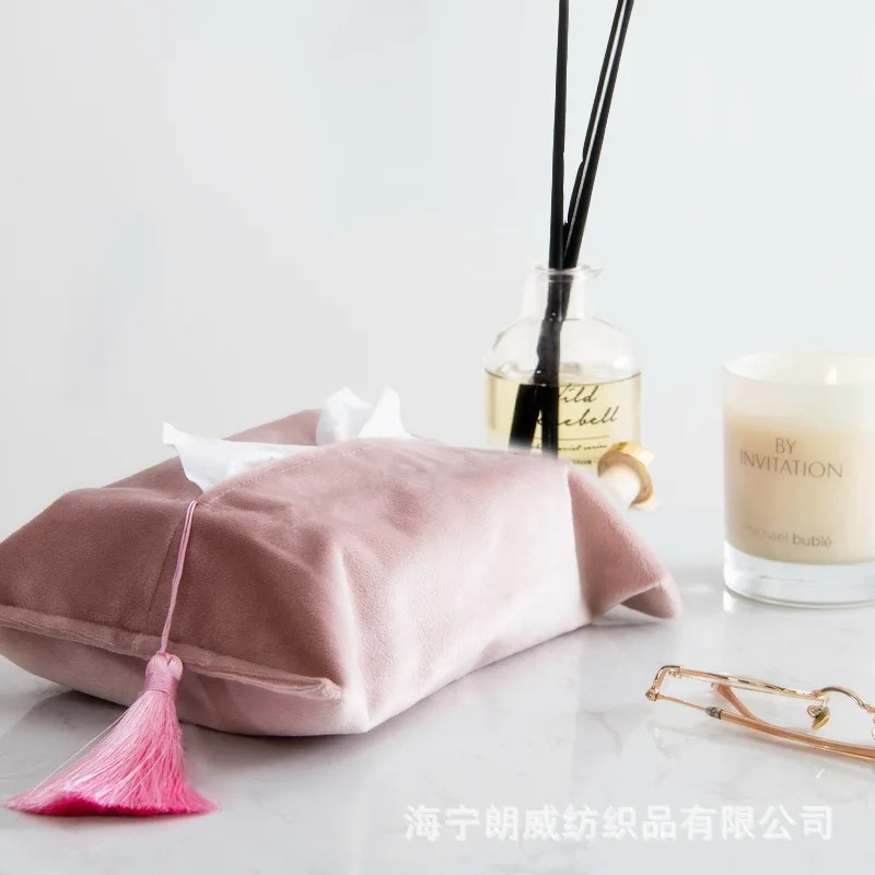 Ins Style Fabric Tissue Bag Velvet Modern Minimalist Handmade Tassel Tissue Cover,Desktop Tissue Box,Flannelette Storage Box 2