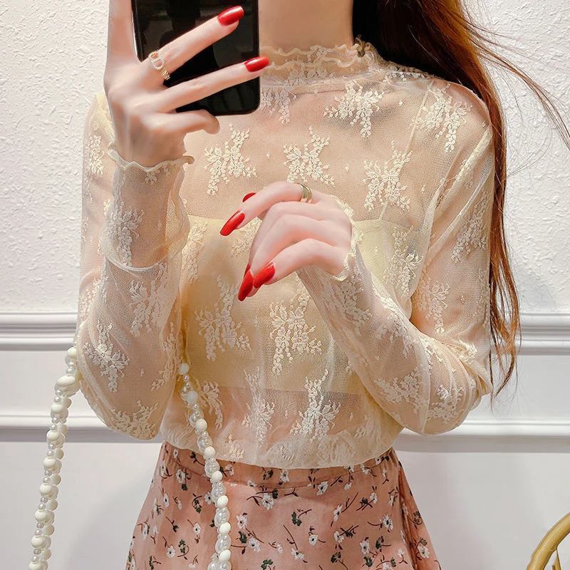 ตัวเลือกสินค้า เสื้อแขนยาวลูกไม้ตาข่าย แฟชั่นเกาหลี ลายดอกไม้เซ็กซี่