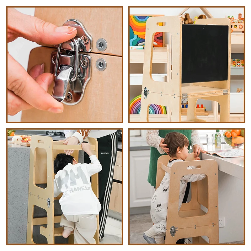 XIHATOY Montessori Foldable Wood Kitchen Tower Toddler Step Stool Desk Table And Baby High Feed Chair Kitchen Helper Stool