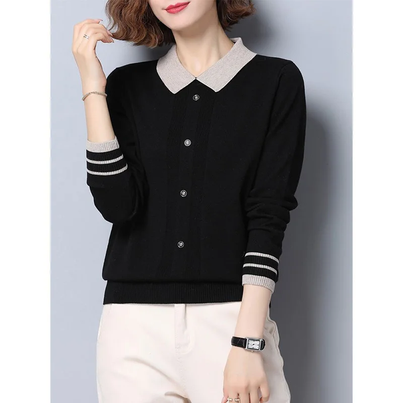 Fashion Lapel Knitted Button Spliced All-match Sweaters Women's Clothing 2022 Autumn New Oversized Casual Pullovers Korean Tops