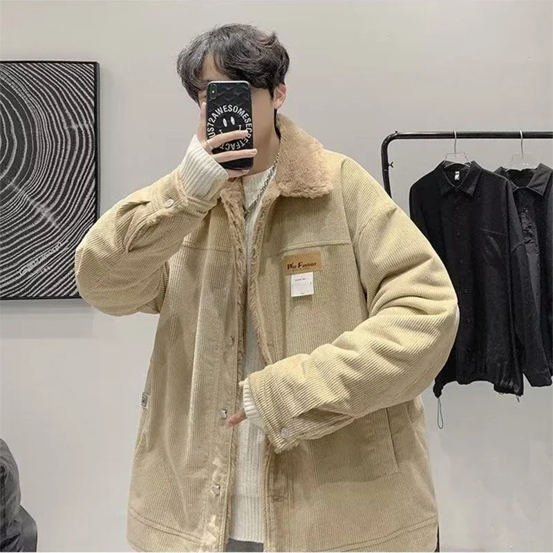 Lamb Wool Cotton Jacket for Men and Women Couples Retro Casual Cotton Jacket Trend Ins Loose Lapel Solid Color Personalized Top