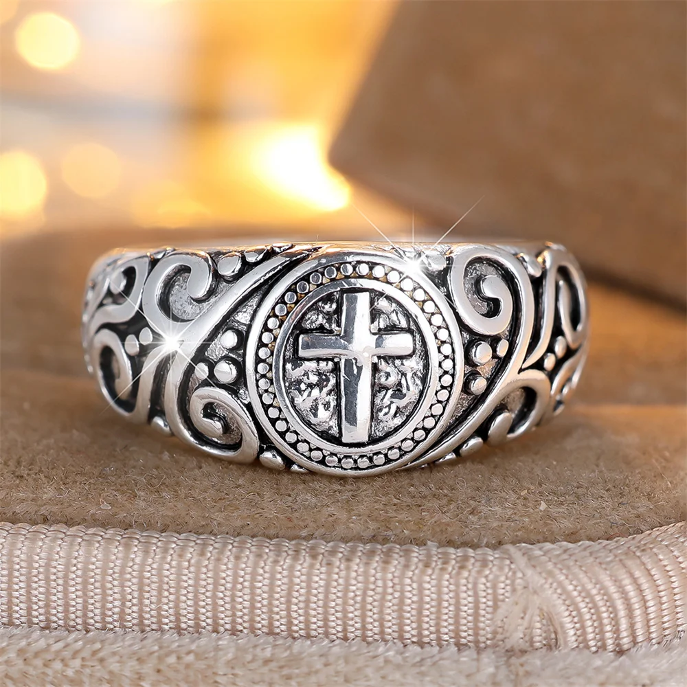 Male Female Classic Cross Vintage Flower Pattern Rings For Women Man Antique Silver Color Engagement Bands Wedding Jewelry Gift