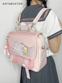 Japanese Style Sweet Girl Transparent Large Capacity Backpack Preppy Style Cute Splicing Color Leather Messenger Bag Students 6