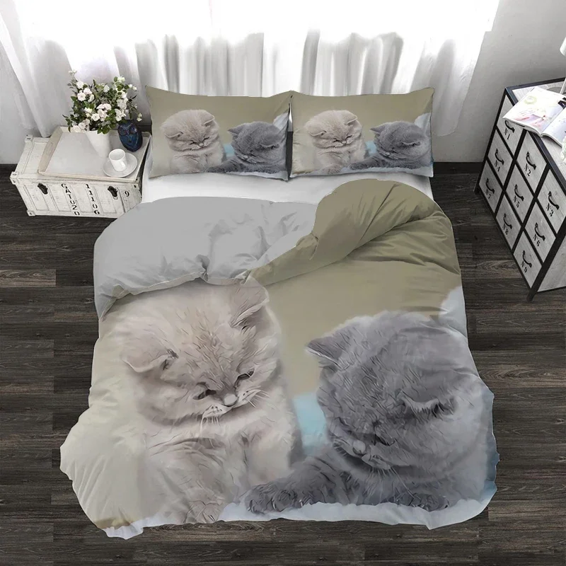 Super süßes Kätzchen-Kinderbettwäsche-Set, Kawaii-Mädchen-Steppdecke, King-Size-Bett, niedliches Katzentier, 3-teilig, Polyester-Bettbezug (kein Blatt) – Detail 12
