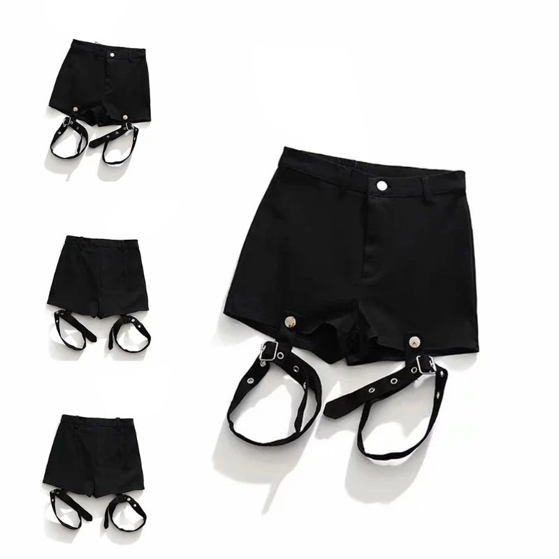 

Women Gothic Punk Rock High Waist Black Shorts with Detachable Garter Belt Leg Ring Harajuku Slim Fitting Vintage Hot Pants Club