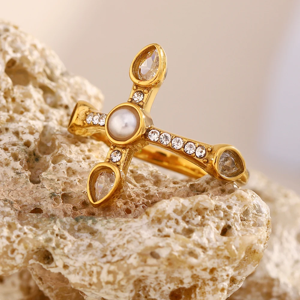 E.B.belle Neues Design Wassertropfen Zirkon Strass Kreuz Ring 316L Edelstahl Luxus Damen Wasserdichter Party Fingerschmuck – Detail 3