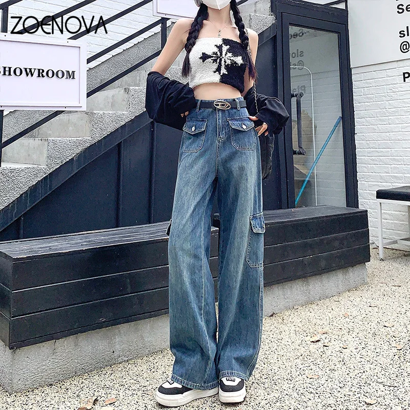 ZOENOVA 하이 퀄리티 용수철 가을 패션 신상 레트로 와이드 레그 팬츠, 캐주얼 Y2K 여성 청바지, 엄마 루즈 카고 스트레이트 팬츠